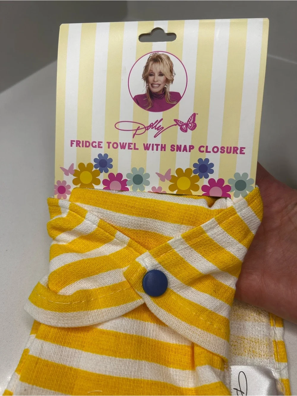 NEW Dolly Parton Yellow & White Striped butterfly fridge towel Snap 100% cotton